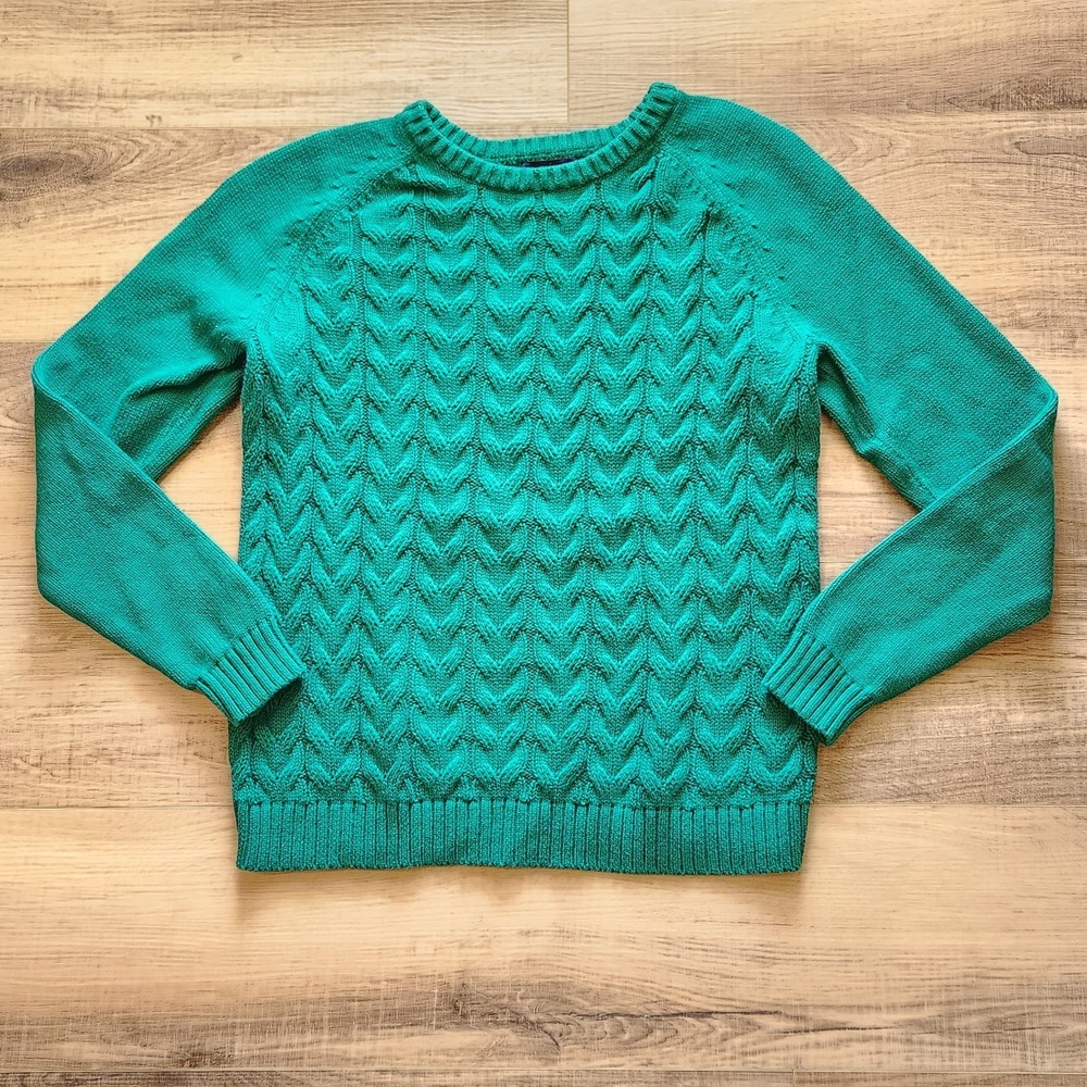 Land's End Drifter Sweater, Medium, Kelly Green, Cable Knit Pullover, Cotton